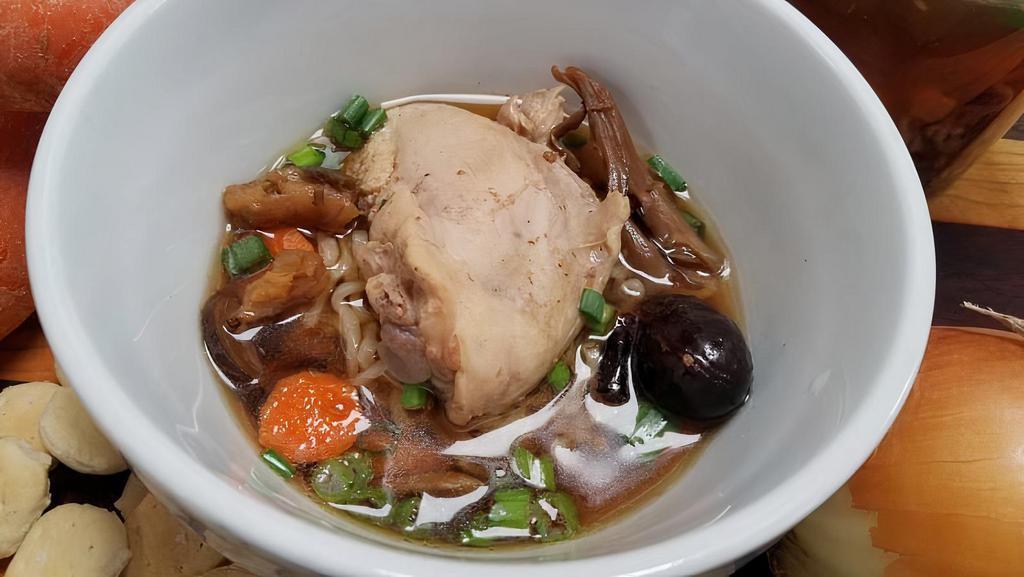 Chinese Herbal Soup · Chicken simmered with
Chinese herbs, red dates, &
goji berries. This classic
Chinese medicinal herb
soup is a great pick me up
and winter boost to the
immune system. Served
with chicken thigh,
vegetables and noodles.