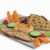 Hummus & Veggies · Hummus, fresh olives, celery, carrots,. and cherry tomatoes served with a side. of pita chips.