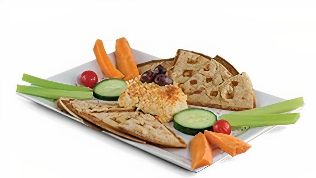 Hummus & Veggies · Hummus, fresh olives, celery, carrots,. and cherry tomatoes served with a side. of pita chips.