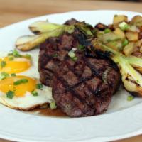 Steak & Eggs (Gf) · Beef tenderloin medallions, fried eggs served with side.