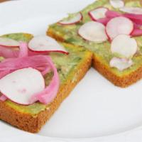 Avocado Toast (Vg) · Avocado, garlic, pickled red onion, radish. Served on wheat toast.
