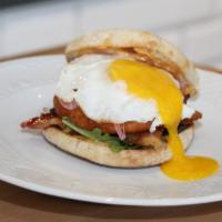 Fried Green Tomato Sandwich · Green tomato, smoked aioli, spring greens, candied bacon, pickled red onion, fried egg, on a...