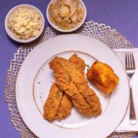 Fried Catfish Meal · comes with 2 pieces of catfish 2 sides and bread