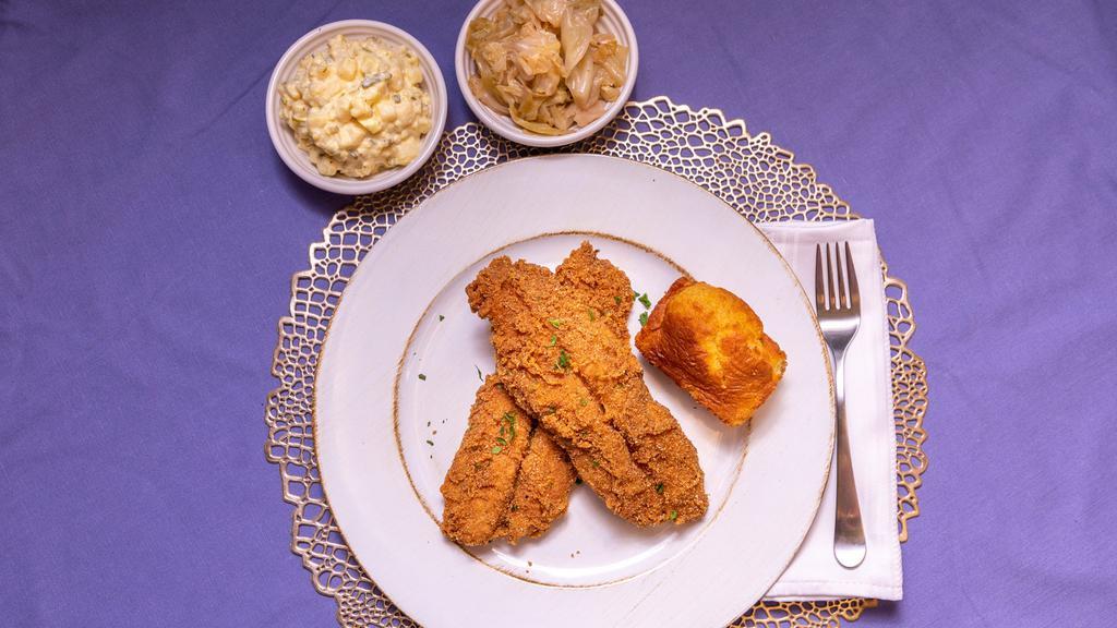 Fried Catfish Meal · comes with 2 pieces of catfish 2 sides and bread