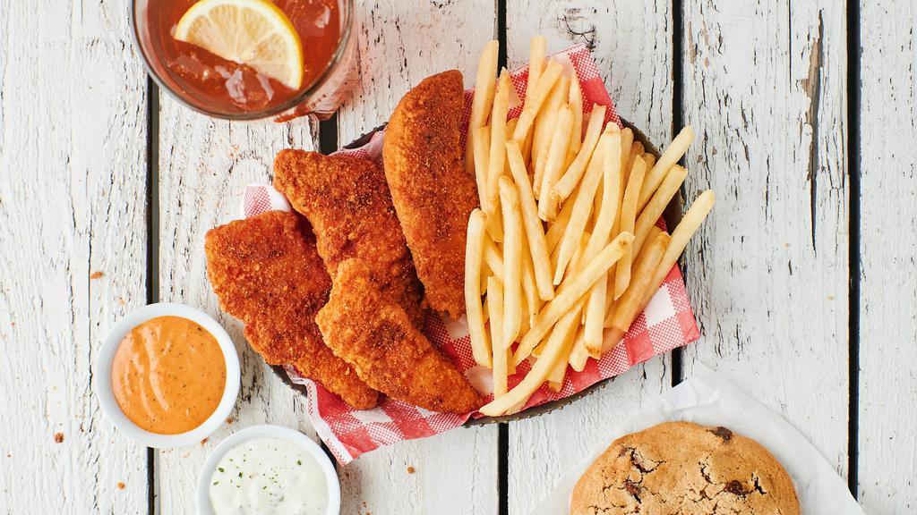 Chicken Tender Combo · Choice of Mazy’s Fried Chicken Tenders or Spicy Fried Chicken Tenders, classic fries, choice of drink & a chocolate chip cookie