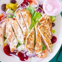 Chicken Breast Salad · Grilled chicken breast served with mixed greens, cucumbers, onions, green peppers, tomatoes,...