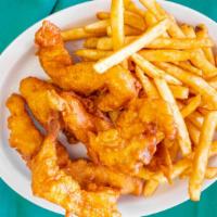 Homestyle Chicken Strips · Freshly battered then cooked to a golden brown and served with a potato.