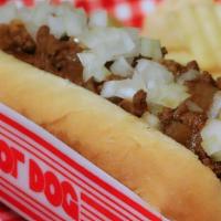 Beef Detroit Dog · Chili, diced onion, and yellow mustard.