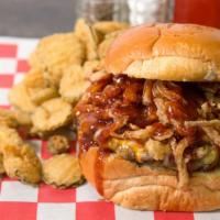 Flos Bbq Bacon Cheddar Burger ( Tues Only ) Combo · BBQ Bacon cheddar!!! 
Cheddar  topped patty, crispy crumbled bacon, haystack onion rings pil...