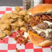 Monday Special Blue Cheese Bacon Burger Combo · Mayo Blue cheese crumbles caramelized onions bacon and tomato. Burger pictured is a double. ...