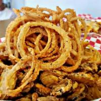 Sampler Platter · fried jalapenos, fried mushrooms, fried pickles, and haystack onion rings! Feeds 3-4!