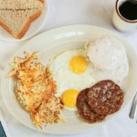 Country Biscuit Platter · Biscuits and gravy, sausage patties, two eggs any style and potatoes.