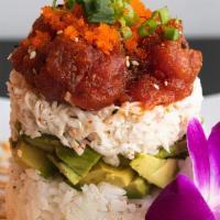 Tuna Tower Special · Sushi rice, avocado, crab mix tower, spicy mayo, spicy tuna, masago, scallions, sesame seeds...