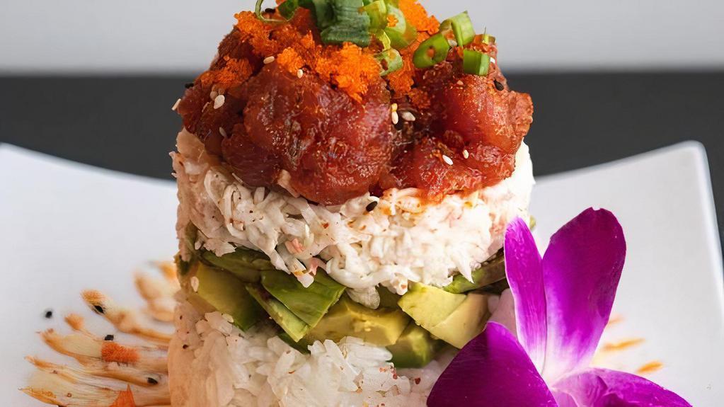 Tuna Tower Special · Sushi rice, avocado, crab mix tower, spicy mayo, spicy tuna, masago, scallions, sesame seeds, togarashi