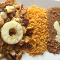 Chorizo Pollo · Chicken strips mix with chorizo (Mexican sausage), pinapple, topped with melted cheese and s...