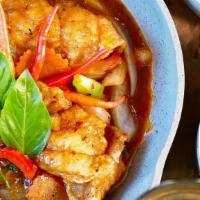 Catfish Curry · Lemongrass red bell peppers coconut milky curry leaves basil cilantro lime leaf.