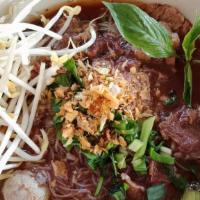 Boat Pho · Rice noodles cilantro onion bean sprouts basil lime beef broth slice beef meatballs.