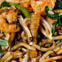 Teriyaki Udon · Udon noodles ginger rice wine yellow onions bell peppers shiitake mushrooms bean sprouts gre...
