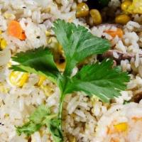 Home Style Fried Rice · Stir-fried rice with eggs garlic yellow onions bell peppers bean sprouts shiitake napa cabba...
