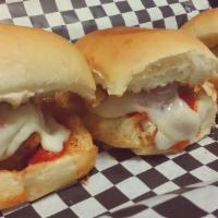 Meatball Sliders · 3 Sliders with house-made meatballs covered with our pasta sauce and provolone cheese