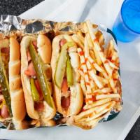 Hot Dog W/Fries · A hot dog with everything includes mustard, relish, chopped onions, sliced tomatoes, kosher ...