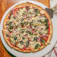 Greek Pizza Thin Crust · Feta, spinach, black olives, onions, and oregano.