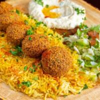 Falafel · Vegetarian. A vegetarian plate made of falafel, jerusalern salad, barnati rice & a choice of...