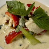 Green Curry · Spicy. Fragrant green curry with bell pepper, bamboo shoots, basil, baby corn, and mushroom.