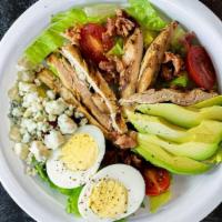 Chicken Cobb Salad · Romaine lettuce, tomato, grilled chicken breast, chopped avocado, crumbled bleu cheese, smok...