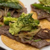 3 Specialty Tacos De Cecina · Served on a blue corn tortilla top with grilled onions, grilled jalapenos, and sliced avocado