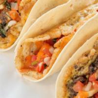 Three Breakfast Tacos · Your Choice of Filling in a soft flour tortilla, and top with your choice of Onion & Cilantr...