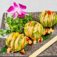 Dragon Ball (3) · Spicy. Spicy tuna wrapped in avocado, ball shaped, topped w. masago, eel sauce, spicy mayo.
