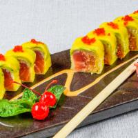 Pikachu Roll (10) (Spicy) · Salmon, tuna, spicy crunch krab stick in soy paper, topped w. avocado, mango, red tobiko.