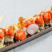 Panda Roll (8) (Spicy) · Spicy. Shrimp tempura, cucumber topped w. spicy tuna, crispy crunch, eel sauce.