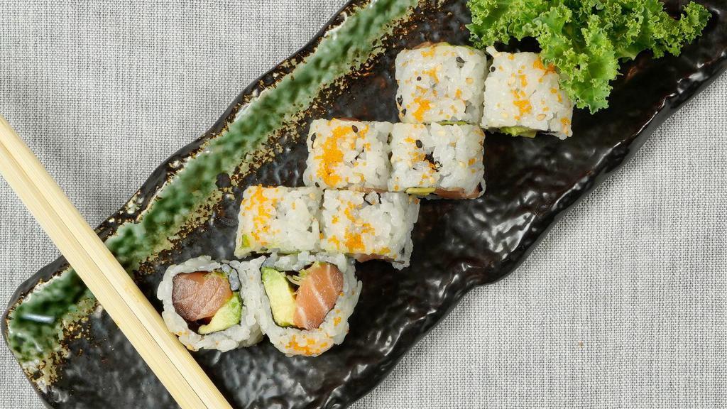 Fuji Roll (8) · Salmon, avocado, masago, scallions.