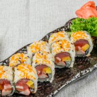 House Special Roll (8) · Tuna, salmon, krab stick, egg omelette, masago.