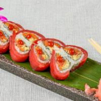 Love Roll (8) (Spicy) · Spicy. Spicy crunch tuna, topped w. salmon, tuna, seaweed salad, eel sauce.