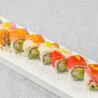Rainbow Roll (8) · Krab stick, cucumber, avocado, topped w. tuna, salmon, escolar, white fish, masago.