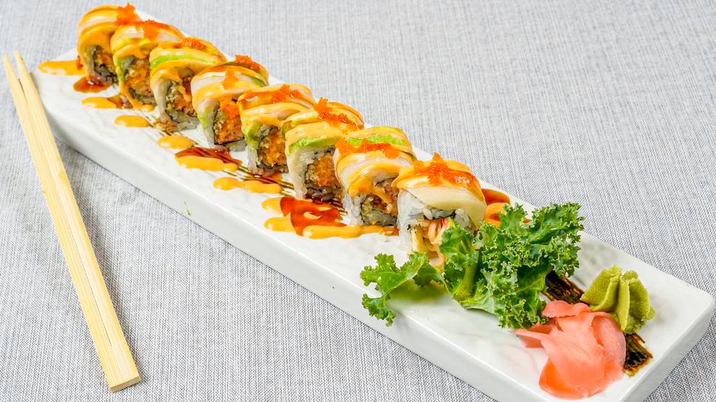 Snow White Roll (8) (Spicy) · Spicy. Spicy krab stick salad, topped w. escolar, avocado, eel sauce, spicy mayo.