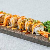 Rising Sun Roll (8) (Spicy) · Spicy. Shrimp tempura, crispy white fish, cream cheese, topped w. krab stick, masago, spicy ...