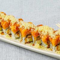 Spicy Crunch Roll (8) · Spicy. Crispy salmon, cream cheese avocado, topped w. spicy crunch, eel sauce.