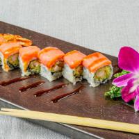 The Flash Roll (8) · Shrimp tempura, cucumber, topped w. smoked salmon, eel sauce.