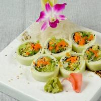 Dear Dolly Roll (6) · Vegetarian. Avocado, carrot, asparagus wrapped in seaweed, cucumber. No rice.