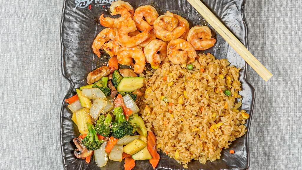 Hibachi Shrimp · Gilled in our special hibachi sauce w. fried rice or steamed rice and vegetable. Served w. clear soup and garden salad.