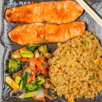 Hibachi King Salmon · Gilled in our special hibachi sauce w. fried rice or steamed rice and vegetable. Served w. c...