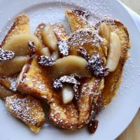 Apple Cinnamon French Toast · Topped with housemade granny smith apple compote and smoked pecans
