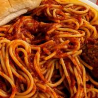 Spaghetti Dinner · Over 1 lb of spaghetti, 2 meatball, and a dinner roll. Feeds 2 people