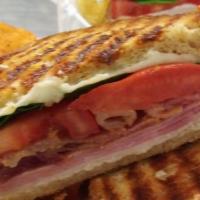 Welcome To The Club · All-natural ham, turkey, hickory smoked thick cut bacon, mozzarella, tomato, spinach, light ...