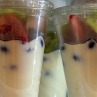 Fruit, Yogurt & Granola Parfaits · Greek Yogurt sweetened to perfection with honey and topped with grapes, kiwi and either blue...