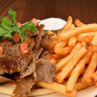 Gyro Plate · Great greek gyro meat, rice pilaf, french fries or feta fries, side salad, tzatziki, and pit...